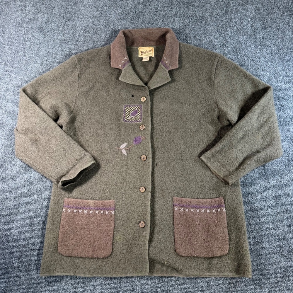 Woolrich Sparrow 9226 Womens Brown Wool Embroidered Button Cardigan‎ Sweater M